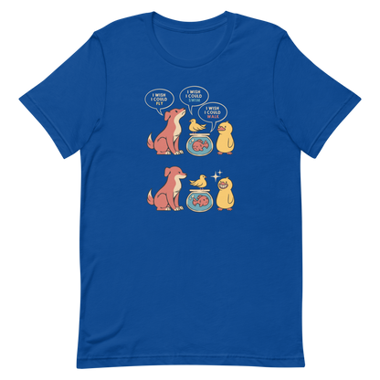 This funny and heartwarming illustration shows a dog, a bird, a fish and a duck each wishing they could do what the others can — fly, swim or walk. In the end, the duck proudly realizes it can do all three, delivering a cute reminder to appreciate your own abilities. A perfect illustration for animal lovers and fans of positive, humorous art.