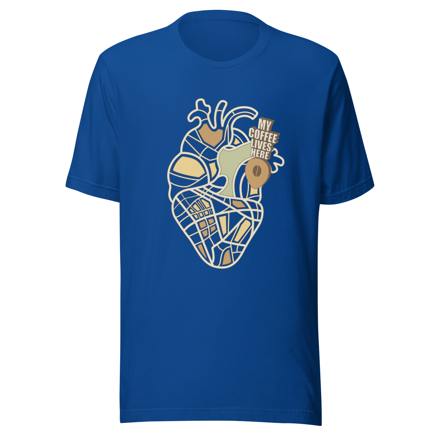 An anatomical heart illustrated like a map, marked with a small coffee-bean pin beside the phrase “My Coffee Lives Here”. A symbolic and cozy design that blends warmth and creativity, perfect for coffee lovers who treat their favorite brew as the fuel that keeps their heart beating.