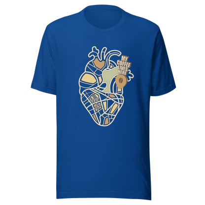 An anatomical heart illustrated like a map, marked with a small coffee-bean pin beside the phrase “My Coffee Lives Here”. A symbolic and cozy design that blends warmth and creativity, perfect for coffee lovers who treat their favorite brew as the fuel that keeps their heart beating.