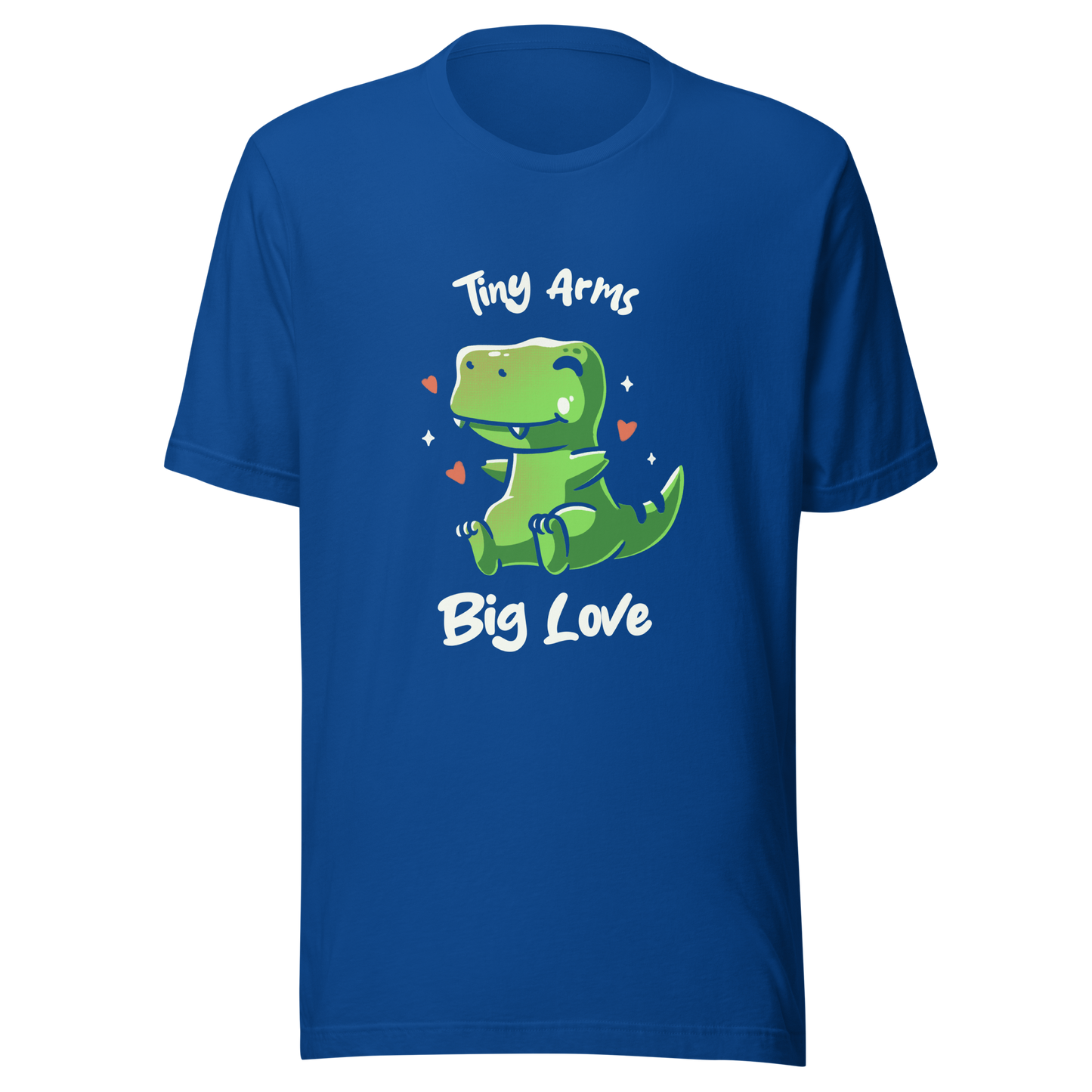 An adorable T-Rex appears in the center, with its short arms and cute smile. This design plays with the contrast between the dinosaur's ferocity and the phrase "Tiny arms, big love," delivering humor and affection. Perfect for those who love geeky, fun, and personality-filled prints, especially dinosaur fans and those with a soft heart.