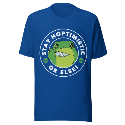 A green frog with a determined look stands beside the playful phrase “Stay Hoptimistic — Or Else”. A fun pun with a slightly chaotic twist, perfect for frog lovers and anyone who enjoys quirky, attitude-filled humor.