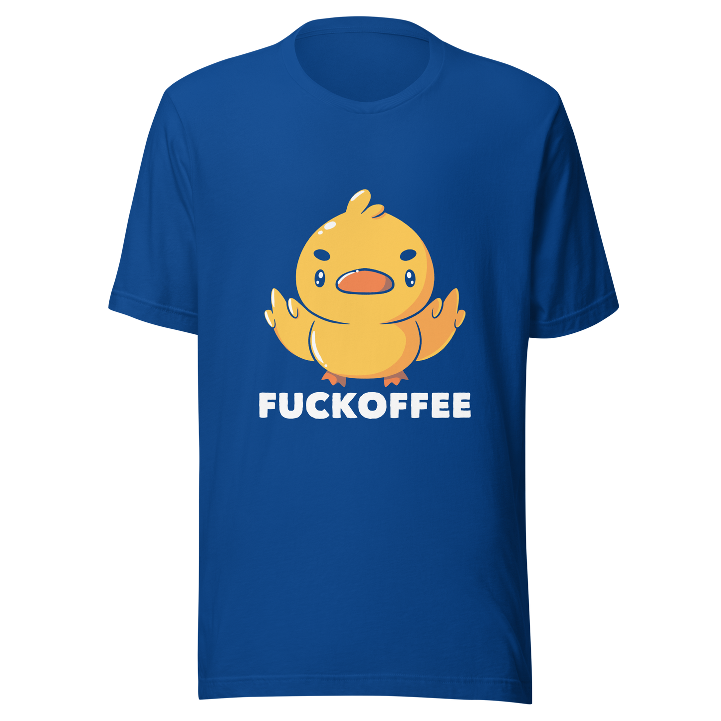 A cute yellow duckling with a mean face showing his middle fingers, next to it the phrase "Fuckoffee". An art with humor for those who love ducks.