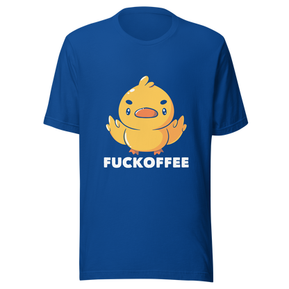 A cute yellow duckling with a mean face showing his middle fingers, next to it the phrase "Fuckoffee". An art with humor for those who love ducks.