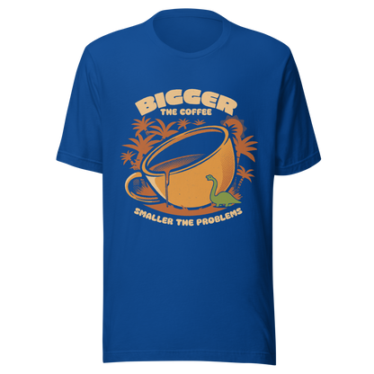 A giant retro-style coffee cup, with a little dinosaur strolling around and palm trees in the background. This design plays on the phrase "Bigger the coffee, smaller the problems," creating a cute and humorous scene about morning survival. Perfect for coffee lovers, dinosaur fans, and those who enjoy fun art.