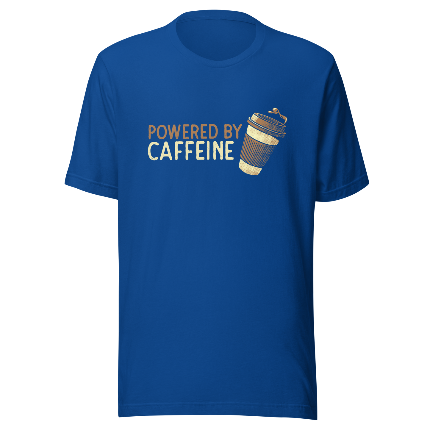 A steaming coffee cup tilts playfully beside the phrase “Powered by Caffeine,” written in bold, vintage-style lettering. This design perfectly captures the spirit of those who run entirely on coffee and determination. Ideal for caffeine lovers, coffee addicts and anyone who can’t start the day without their favorite brew.