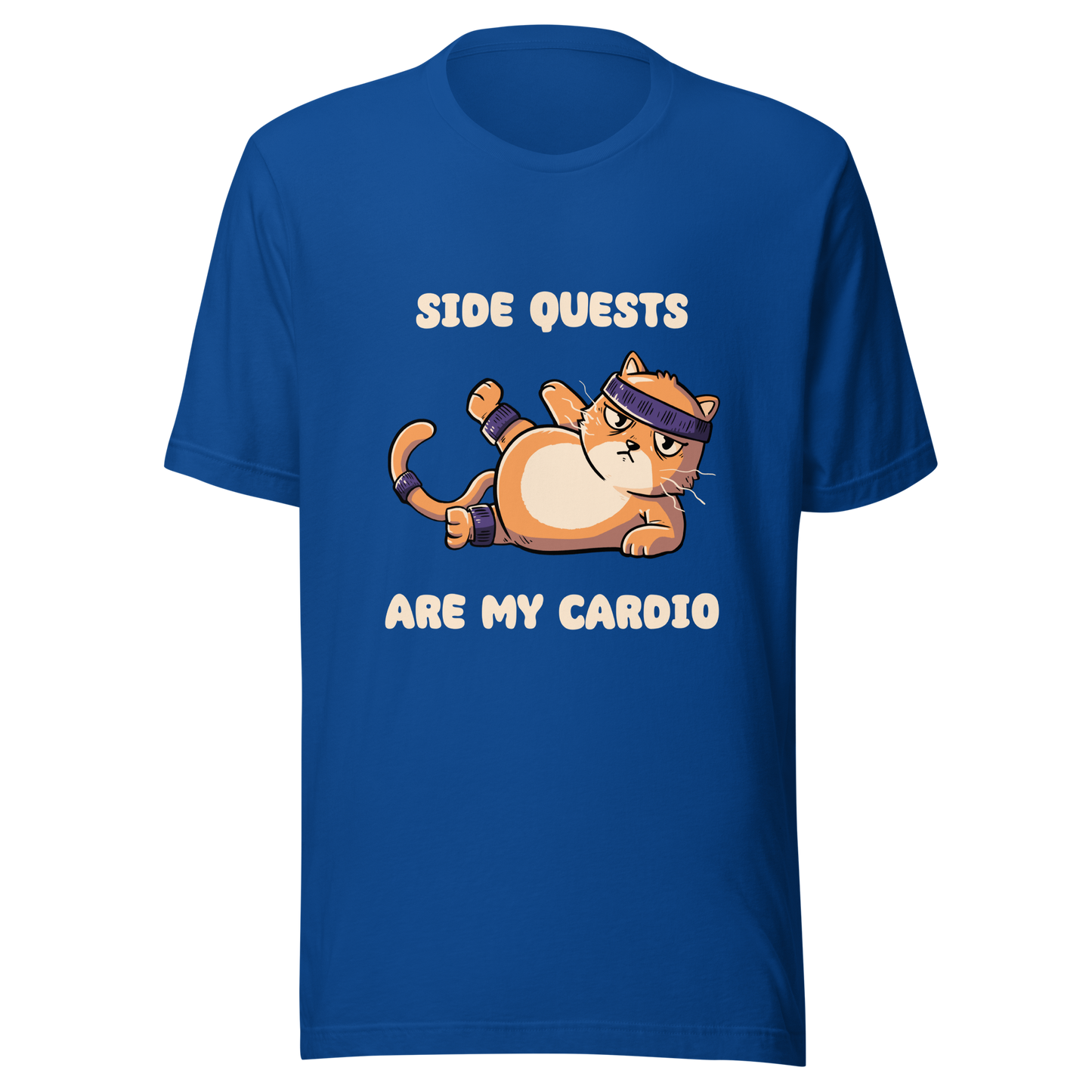 An orange kitten in gym clothes doing an aerobic workout, paired with the phrase ‘Side Quests Are My Cardio Gym Cat’. A humorous design that mixes cats, gaming vibes and fitness irony, perfect for those who prefer playful side quests over serious workouts.