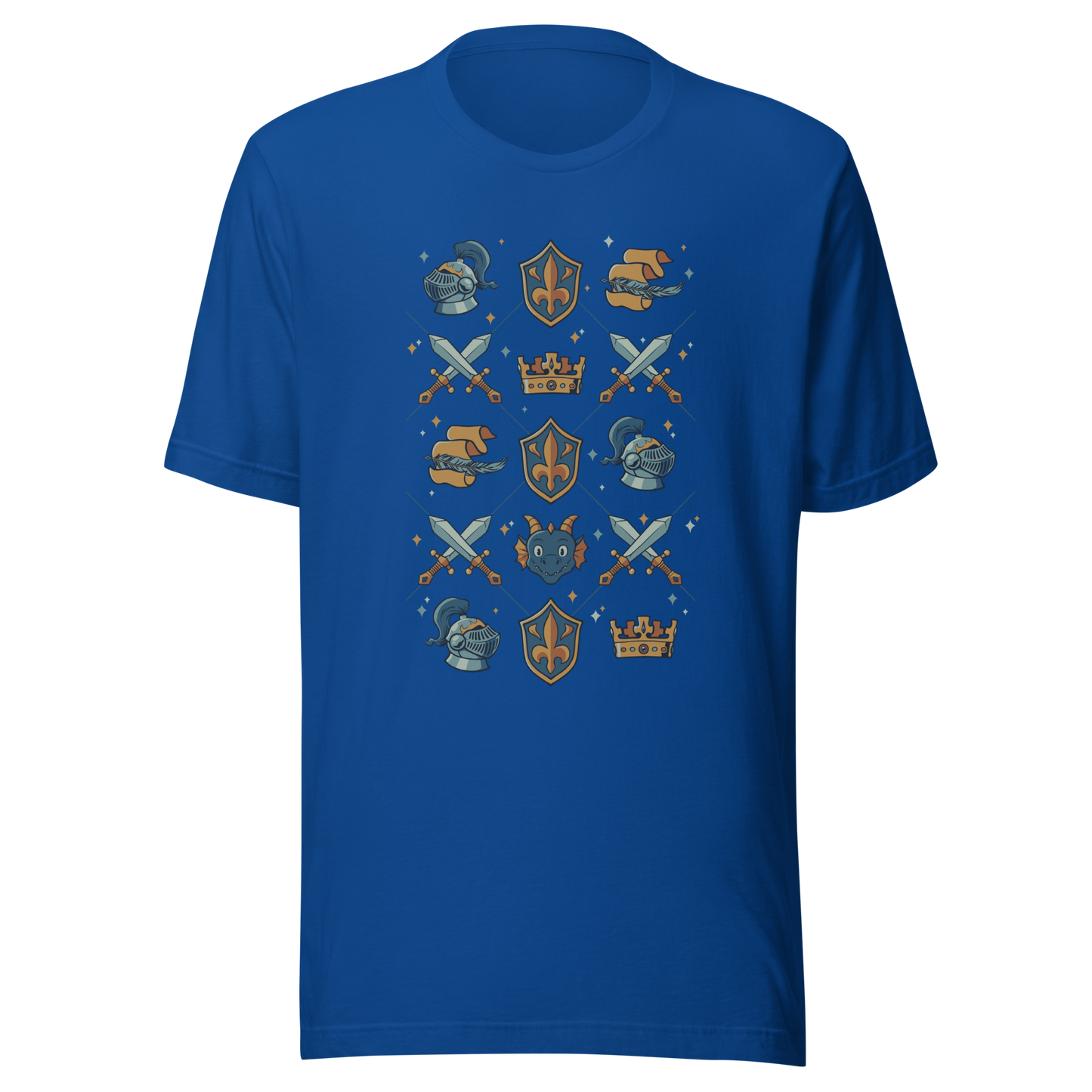 The artwork features swords, knight's helmets, crowns and dragons. Blending medieval fantasy with classic symbols of bravery, royalty, and magic, creating a strong and elegant composition. Ideal for fans of epic fantasy, knights, dragons, and anyone who loves prints with a heroic and stylish vibe.