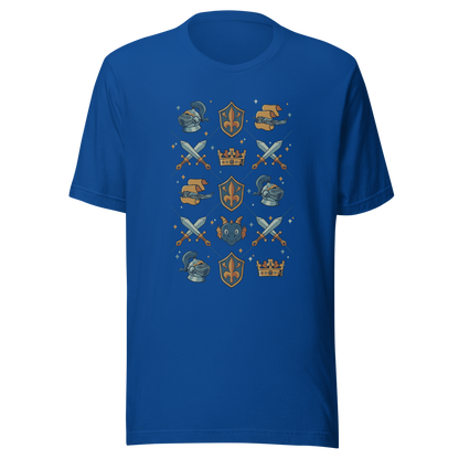 The artwork features swords, knight's helmets, crowns and dragons. Blending medieval fantasy with classic symbols of bravery, royalty, and magic, creating a strong and elegant composition. Ideal for fans of epic fantasy, knights, dragons, and anyone who loves prints with a heroic and stylish vibe.