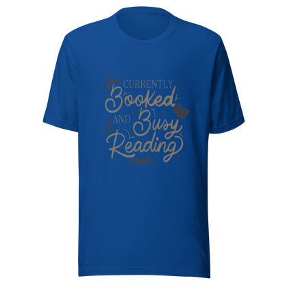 A warm hand-lettered typography featuring the phrase ‘Currently Booked and Busy Reading’, accented with delicate book illustrations and subtle sparkles on a dark background. A cozy, elegant design that celebrates the joy of reading, perfect for book lovers, students, introverts, and anyone who would rather be reading.