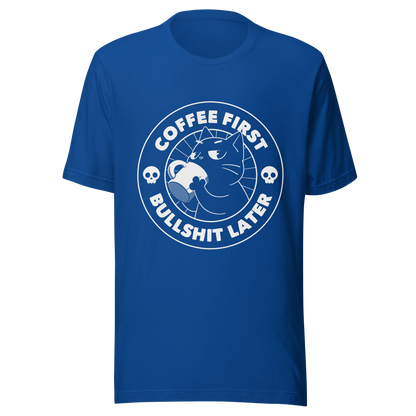 A black cat enjoys a hot cup of coffee, surrounded by the phrase “Coffee First Bullshit Later” adorned with skulls. This design combines dark humor with a touch of humor, perfect for those who face the day with equal doses of coffee and sarcasm. Made for lovers of felines, sarcasm and that extra dose of morning caffeine.