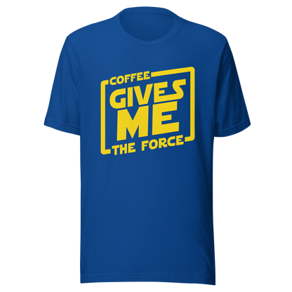 An artwork in yellow inspired by classic space adventure movies, featuring the phrase “Coffee Gives Me The Force”. A fun design for coffee lovers, sci-fi fans and anyone powered by caffeine and galaxy vibes.
