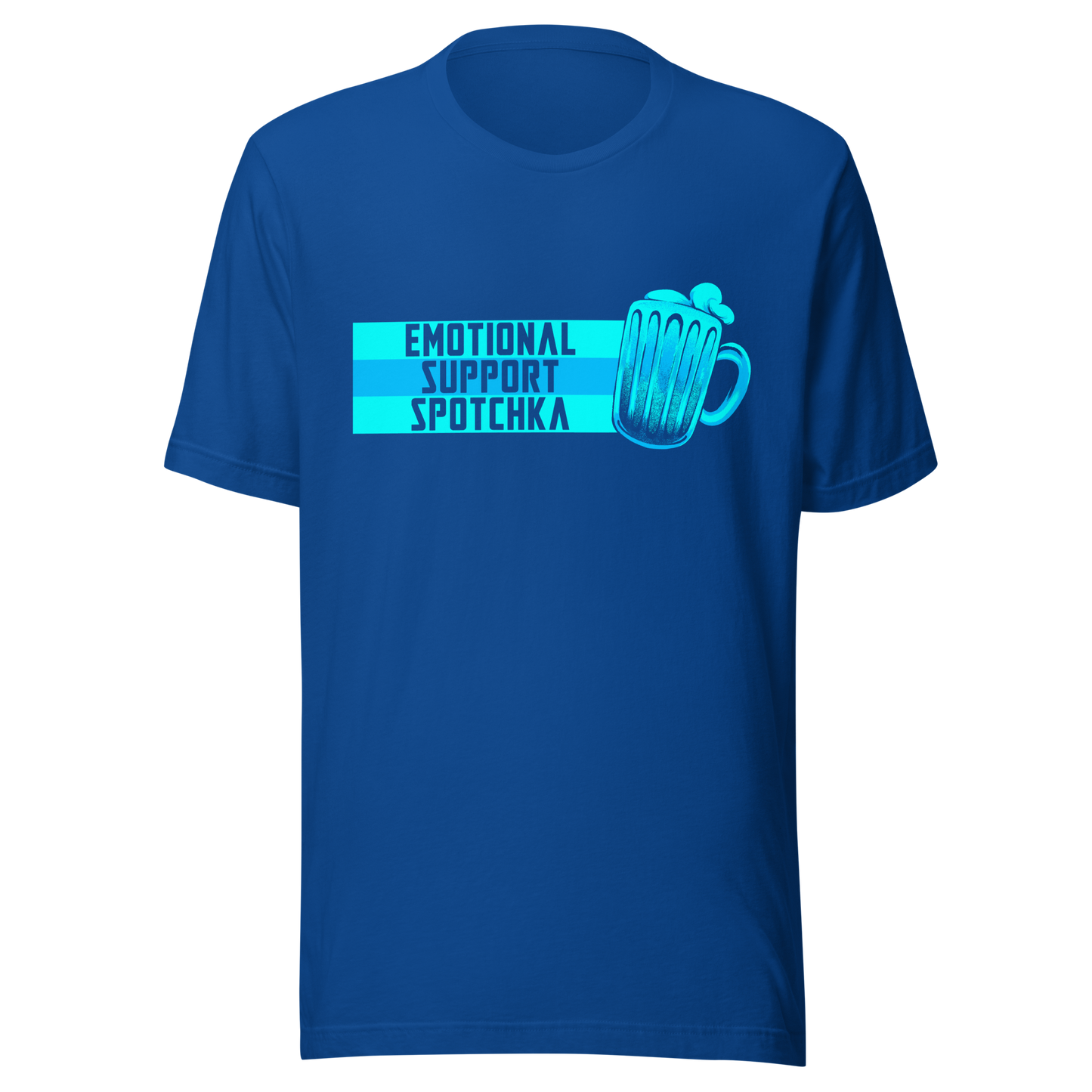 The design features a stylized mug filled with a frothy beverage, colored in vibrant shades of blue. Next to the mug, bold text reads 'EMOTIONAL SUPPORT SPOTCHKA'. The use of color and font style gives it a playful, pop-culture vibe, hinting at something fantastical or sci-fi influenced.