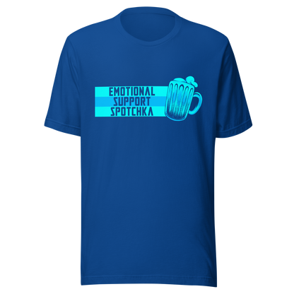 The design features a stylized mug filled with a frothy beverage, colored in vibrant shades of blue. Next to the mug, bold text reads 'EMOTIONAL SUPPORT SPOTCHKA'. The use of color and font style gives it a playful, pop-culture vibe, hinting at something fantastical or sci-fi influenced.