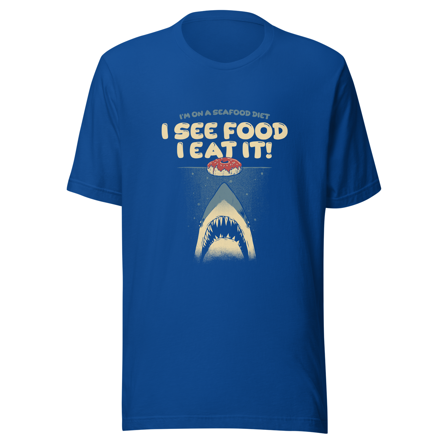 A shark rising from the water toward a floating donut, paired with playful retro typography. The artwork uses visual humor and a classic joke to create a fun, eye-catching composition with strong graphic contrast. Perfect for humor lovers, food fans, and anyone who enjoys witty designs with a slightly cheeky twist.