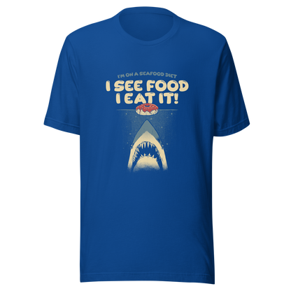 A shark rising from the water toward a floating donut, paired with playful retro typography. The artwork uses visual humor and a classic joke to create a fun, eye-catching composition with strong graphic contrast. Perfect for humor lovers, food fans, and anyone who enjoys witty designs with a slightly cheeky twist.