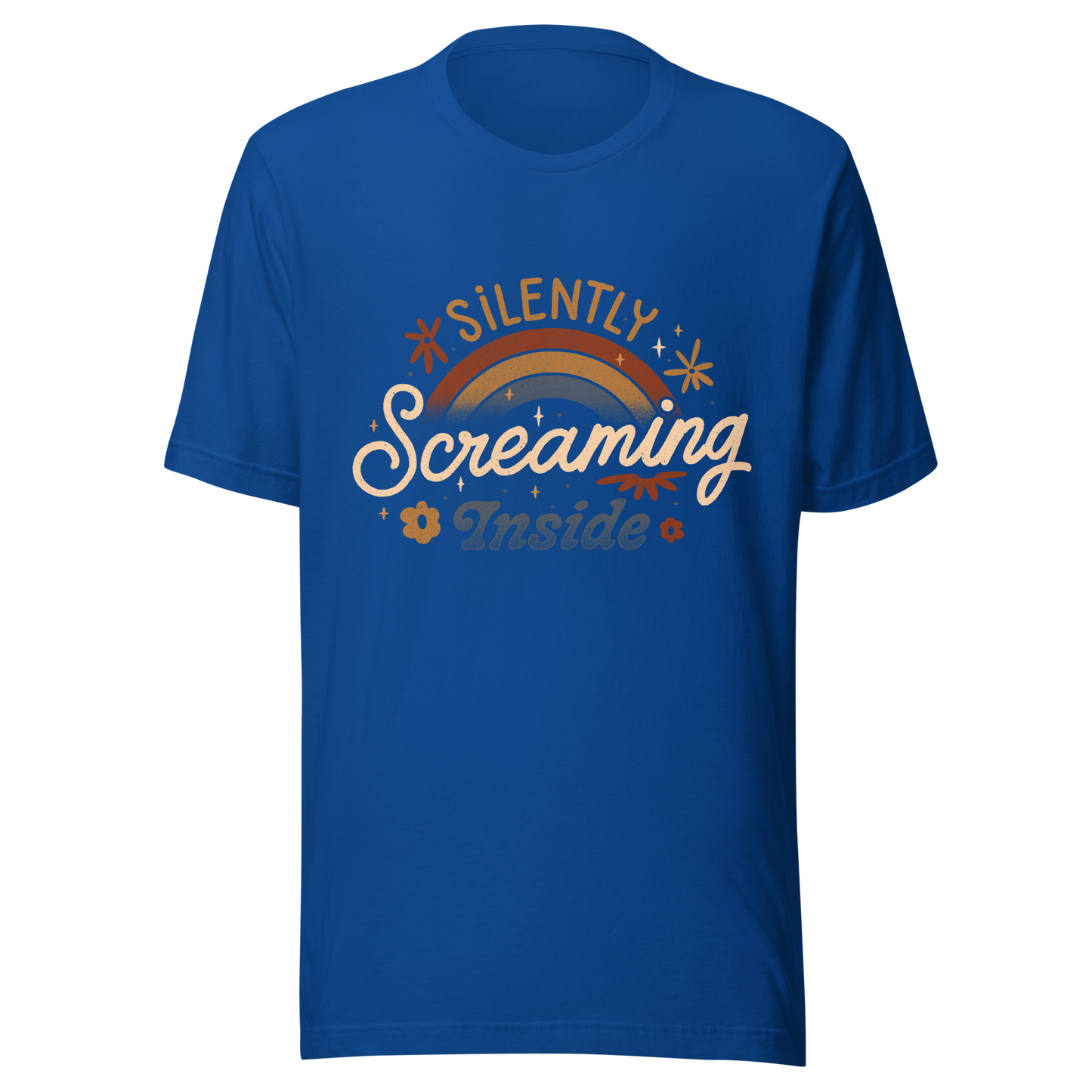 A fun and cute lettering design with a rainbow in the background and the phrase ‘Silently Screaming Inside’. The contrast between cheerful visuals and dark humour makes it perfect for those who cope with irony and sarcasm.
