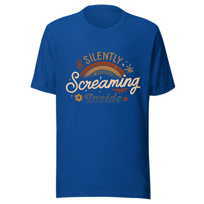 A fun and cute lettering design with a rainbow in the background and the phrase ‘Silently Screaming Inside’. The contrast between cheerful visuals and dark humour makes it perfect for those who cope with irony and sarcasm.