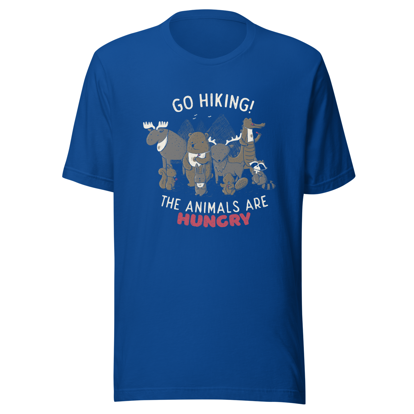 A playful nighttime illustration of cute animals gathered around a meal, holding utensils and napkins, ready to eat. Paired with the humorous phrase “Go Hiking! The Animals Are Hungry”, this whimsical design is perfect for animal lovers, fans of ironic humour, and anyone who enjoys fun art with a cheeky twist.