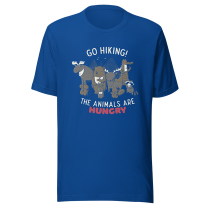 A playful nighttime illustration of cute animals gathered around a meal, holding utensils and napkins, ready to eat. Paired with the humorous phrase “Go Hiking! The Animals Are Hungry”, this whimsical design is perfect for animal lovers, fans of ironic humour, and anyone who enjoys fun art with a cheeky twist.