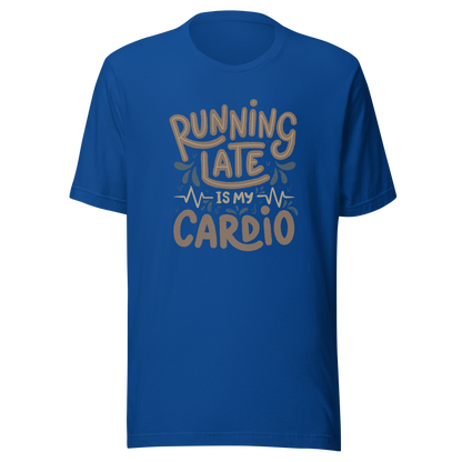 A playful hand-lettered typography design featuring the phrase “Running Late Is My Cardio,” with heartbeat lines and dynamic accents on the background. The artwork jokes that being late is the only form of exercise, poking fun at rushed mornings and chaotic routines with lighthearted humor. Ideal for chronically late people and anyone who loves good humor.