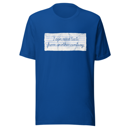 A minimalist artwork featuring handwritten lettering on crumpled, vintage notebook-style paper. The phrase “I can read texts from another century” blends nostalgia and ironic humour, making it perfect for book lovers, history enthusiasts, and literary nerds.