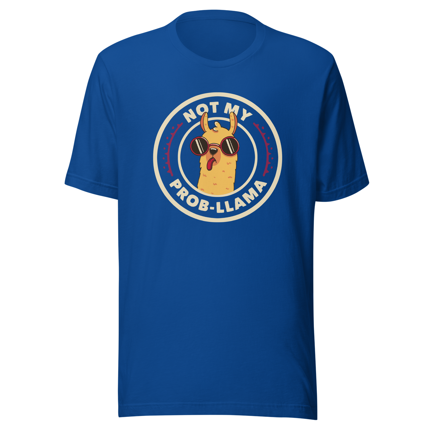 A delightful stamp-style illustration featuring a playful llama wearing sunglasses and sticking out its tongue. Framing the image is the witty phrase “Not My Prob-Llama,” adding a humorous twist to the llama’s carefree attitude. Fun, lighthearted, and full of personality, this artwork is perfect for anyone who loves llamas and enjoys a touch of sarcastic humor.