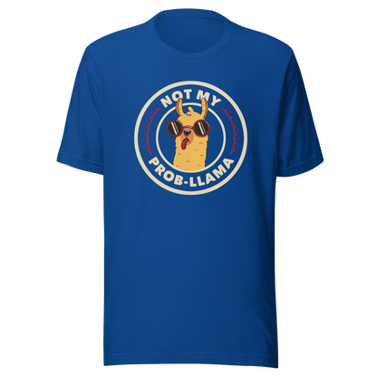 A delightful stamp-style illustration featuring a playful llama wearing sunglasses and sticking out its tongue. Framing the image is the witty phrase “Not My Prob-Llama,” adding a humorous twist to the llama’s carefree attitude. Fun, lighthearted, and full of personality, this artwork is perfect for anyone who loves llamas and enjoys a touch of sarcastic humor.