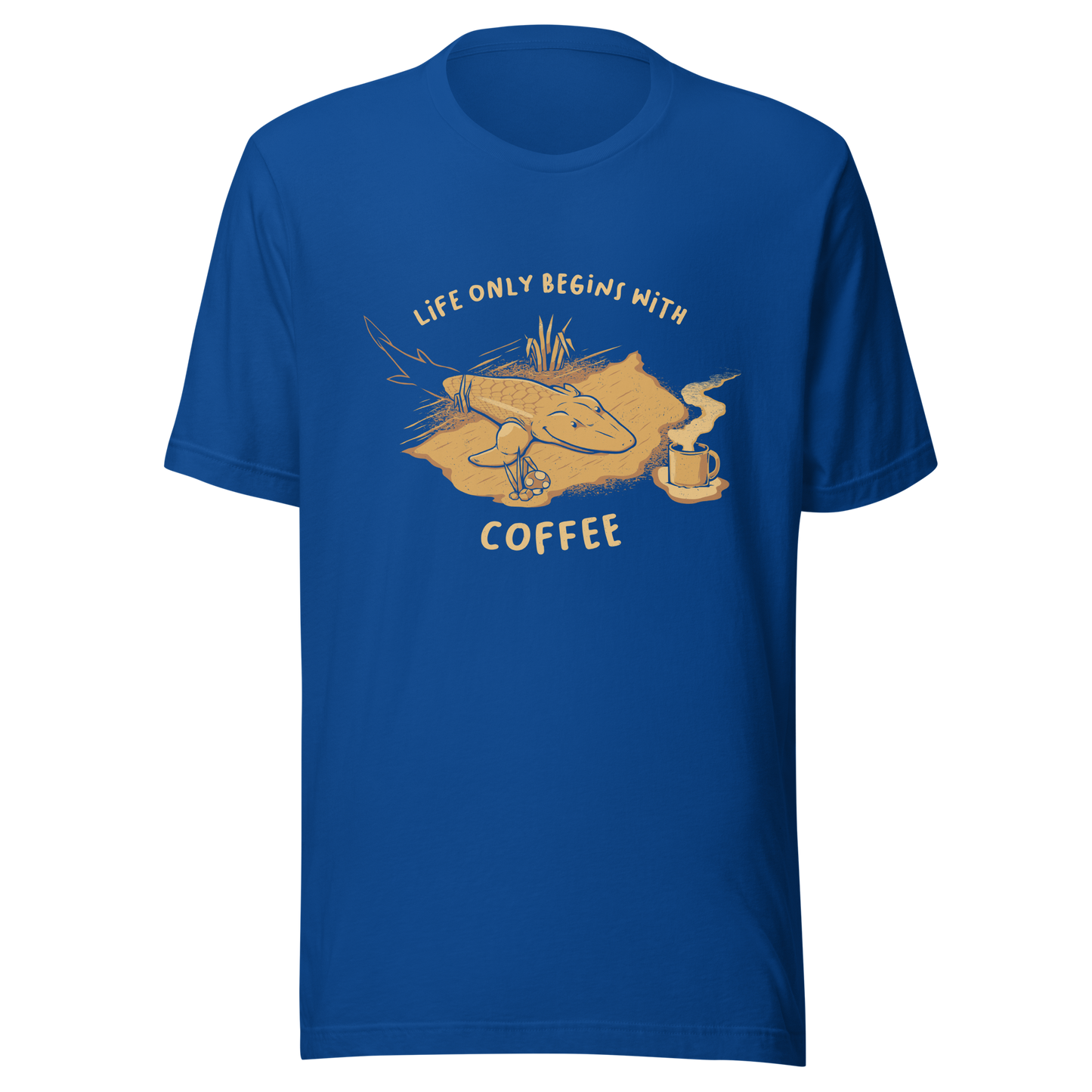 This funny illustration shows a tadpole evolving into a terrestrial creature while reaching for a cup of coffee. Paired with the phrase ‘Life Begins After Coffee Evolution’, the artwork humorously compares human evolution to our daily need for coffee.