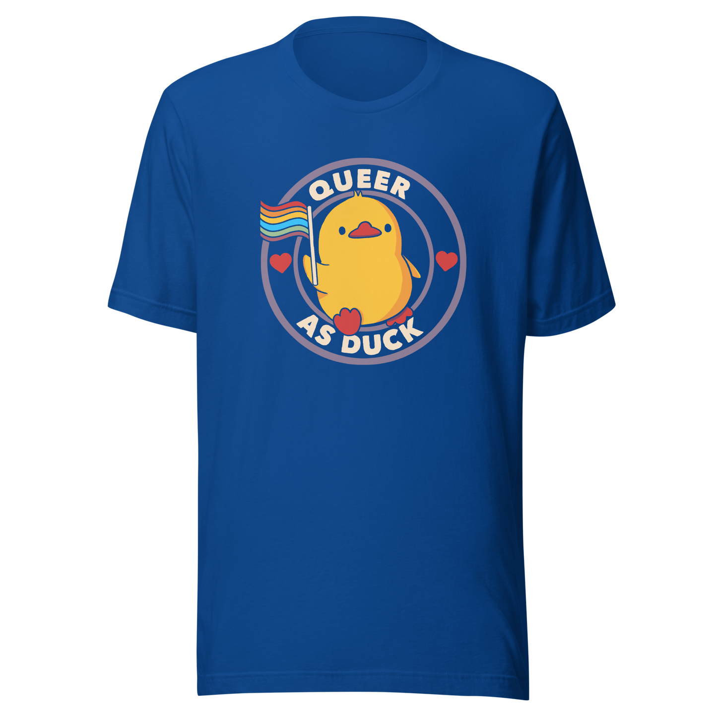 A stamp featuring an adorable duckling holding the LGBTQ flag, surrounded by the text "Queer as Duck". This charming artwork serves as a perfect way to display your support for LGBTQ rights.