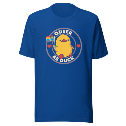 A stamp featuring an adorable duckling holding the LGBTQ flag, surrounded by the text "Queer as Duck". This charming artwork serves as a perfect way to display your support for LGBTQ rights.