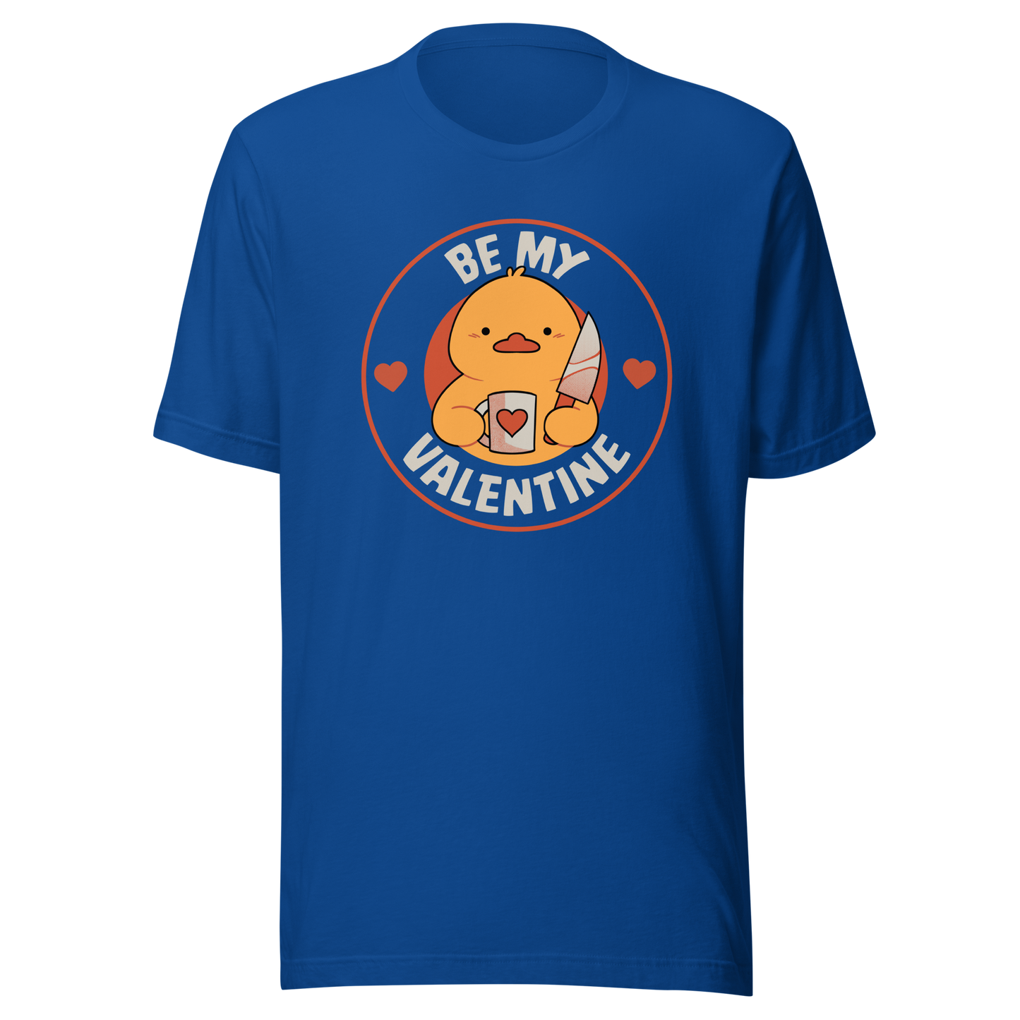 A cute duckling holding a heart-shaped coffee mug and a small knife, paired with the phrase ‘Be My Valentine Funny Duck’. A playful mix of cuteness and dark humor, perfect for coffee lovers and fans of ironic, quirky art.