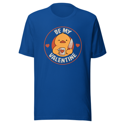 A cute duckling holding a heart-shaped coffee mug and a small knife, paired with the phrase ‘Be My Valentine Funny Duck’. A playful mix of cuteness and dark humor, perfect for coffee lovers and fans of ironic, quirky art.