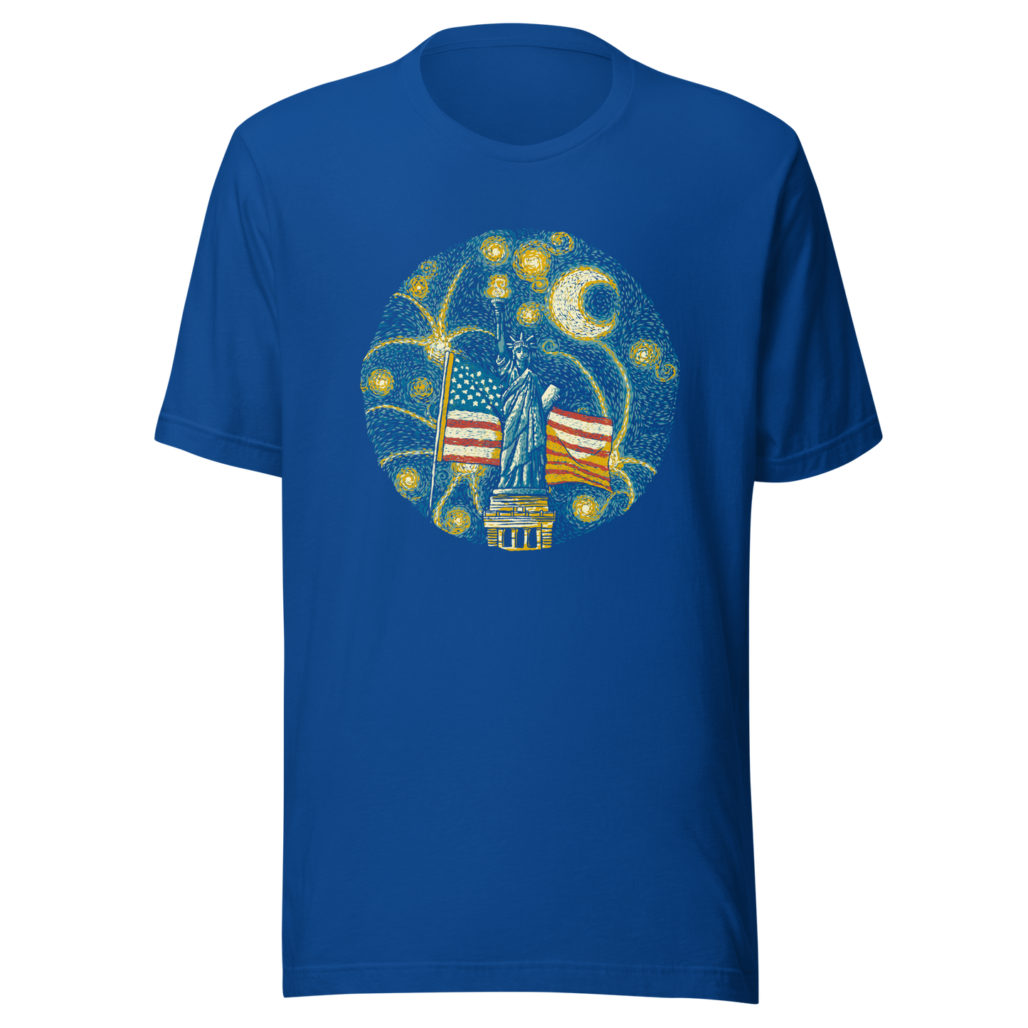 An Impressionist-style artwork inspired by Van Gogh, featuring the Statue of Liberty under a swirling starry sky with the United States flag in the background. A symbolic fusion of liberty, patriotism, night sky, and expressive oil painting style, inspired by Van Gogh aesthetics.