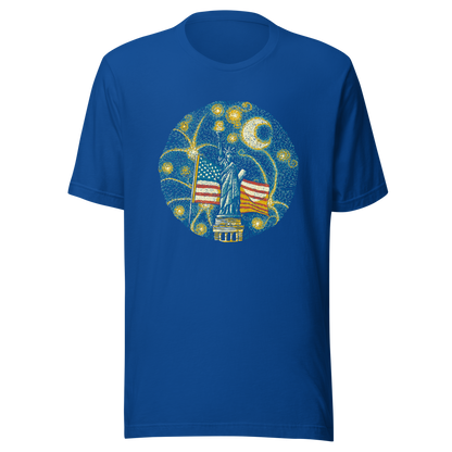 An Impressionist-style artwork inspired by Van Gogh, featuring the Statue of Liberty under a swirling starry sky with the United States flag in the background. A symbolic fusion of liberty, patriotism, night sky, and expressive oil painting style, inspired by Van Gogh aesthetics.