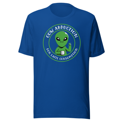A cute alien holding a cup of coffee, paired with the phrase ‘Cow Abduction For Latte Consumption’. A playful and humorous design that mixes sci-fi vibes with coffee obsession. Perfect for coffee lovers, alien enthusiasts, and anyone who enjoys quirky, funny art with a cosmic twist.