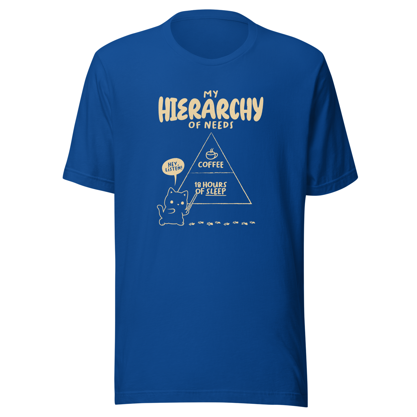 A playful illustration of a cat holding a pointer and presenting its own hierarchy of needs on a triangle chart, with coffee at the very top and 18 hours of sleep right below. A humorous piece for cat lovers who know exactly what really matters.
