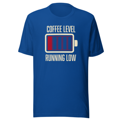 A minimalist artwork featuring a nearly empty battery indicator paired with the phrase ‘Coffee Level Running Low.’ A witty and relatable design for coffee lovers, caffeine addicts, office workers, students, and anyone who runs on coffee to get through the day.