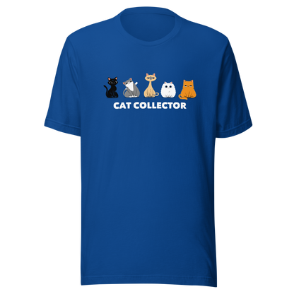 An adorable illustration featuring five kittens sitting side by side: a black kitten, a gray and white kitten, a Siamese, a fluffy white, and an orange cat. Below them, the phrase “Cat Collector” celebrates the joy of loving (and collecting) cats. A playful and charming design perfect for true cat lovers.