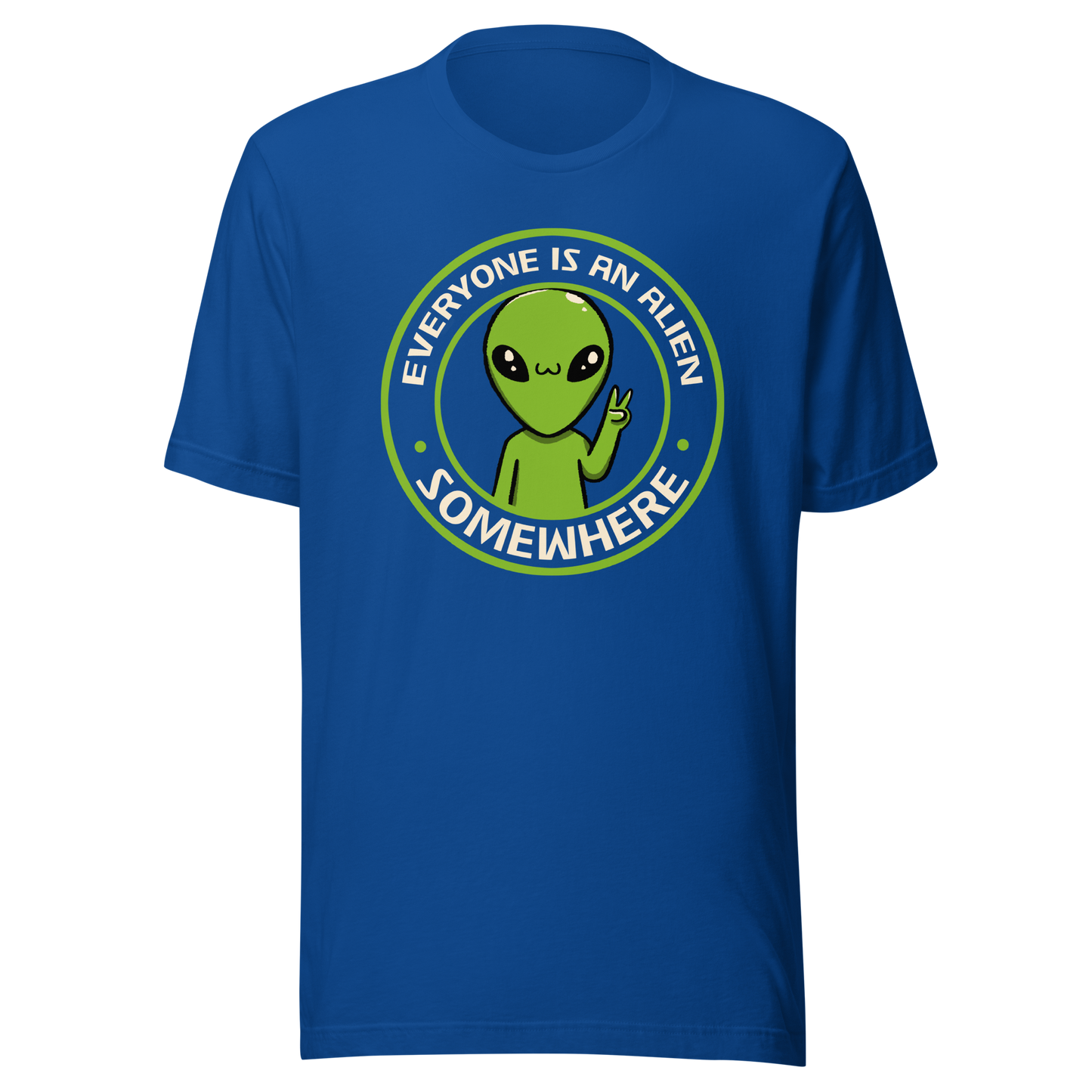 A stamp-style design of a green alien making a “V” sign, paired with the phrase “Everyone Is An Alien Somewhere”. A playful artwork about feeling different and embracing individuality.