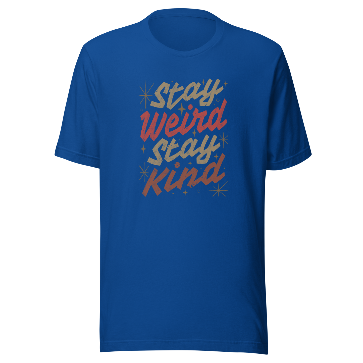 A bold typography design featuring the phrase “Stay Weird Stay Kind” in warm shades of brown and red. A simple yet striking piece that celebrates individuality and kindness with personality and charm.
