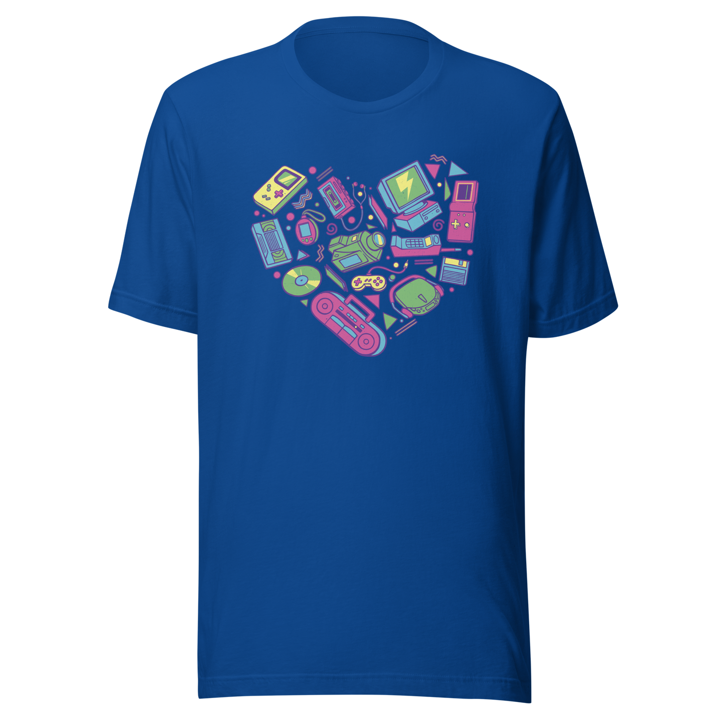 A heart made of iconic 90s electronics like computers, Walkmans, telephones, video game consoles, and Discmen, all in vibrant neon colours. A bold, nostalgic artwork perfect for anyone who loves retro tech and 90s vibes.