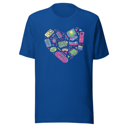 A heart made of iconic 90s electronics like computers, Walkmans, telephones, video game consoles, and Discmen, all in vibrant neon colours. A bold, nostalgic artwork perfect for anyone who loves retro tech and 90s vibes.
