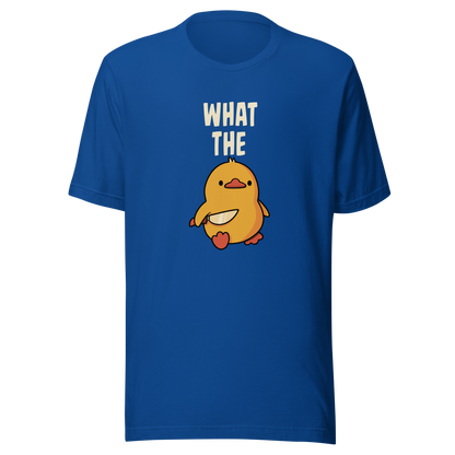 A cute yellow duck holding a small knife, with “What The” above it, completed by the duck below to read “What The Duck”. A playful mix of sweet and chaotic humor.