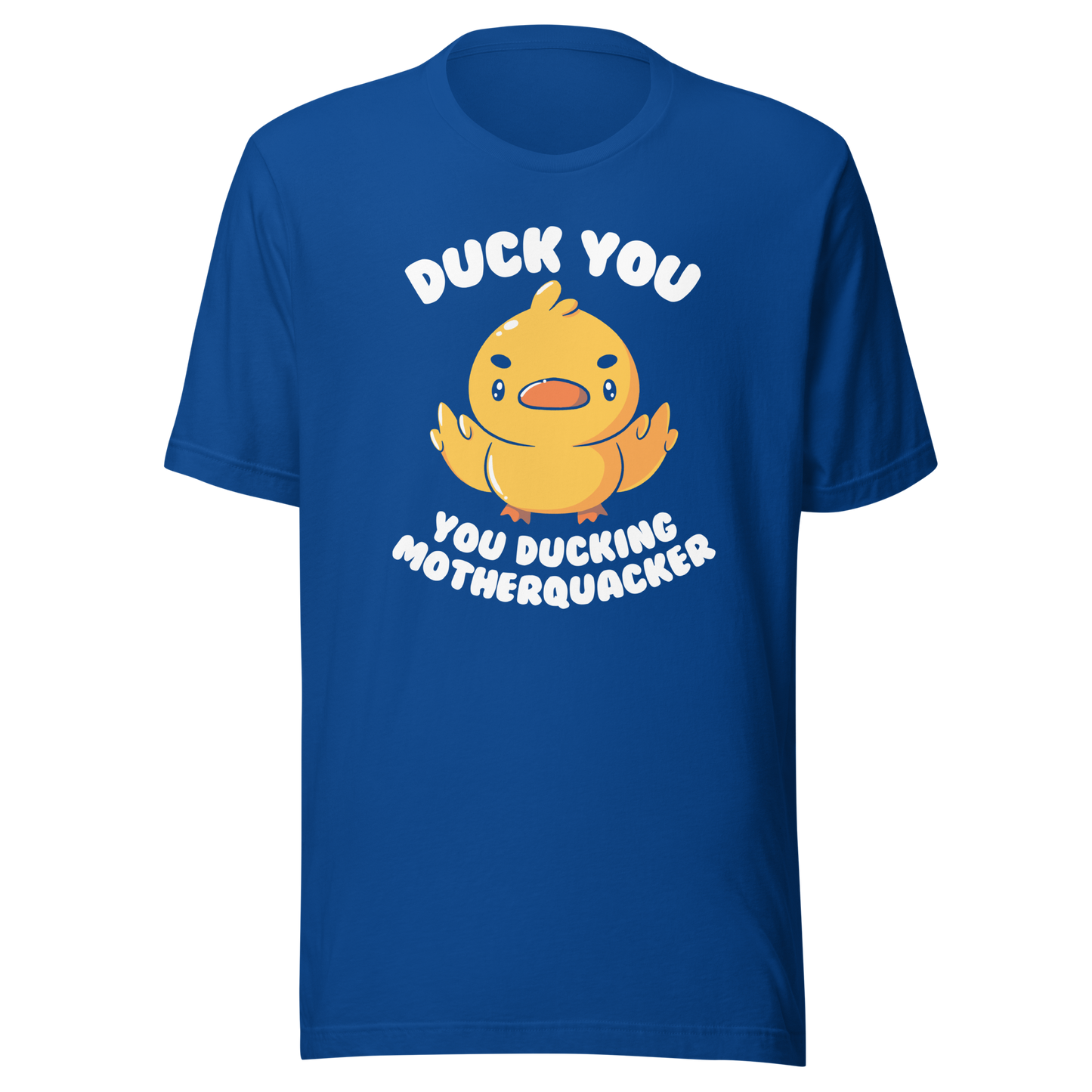 A cute yellow duckling with a mean face showing his middle fingers, next to it the phrase "Duck You, you ducking motherquacker". An art with humor for those who love ducks.