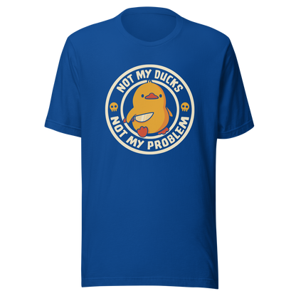 A cute yellow duck holding a tiny knife with an unexpectedly fierce attitude. Around it, the phrase "Not My Ducks Not My Problem" adds a sarcastic twist to the sweet but chaotic vibe. A playful design that blends humor, duck drama, and a touch of unapologetic mischief, perfect for fans of witty, slightly unhinged art.