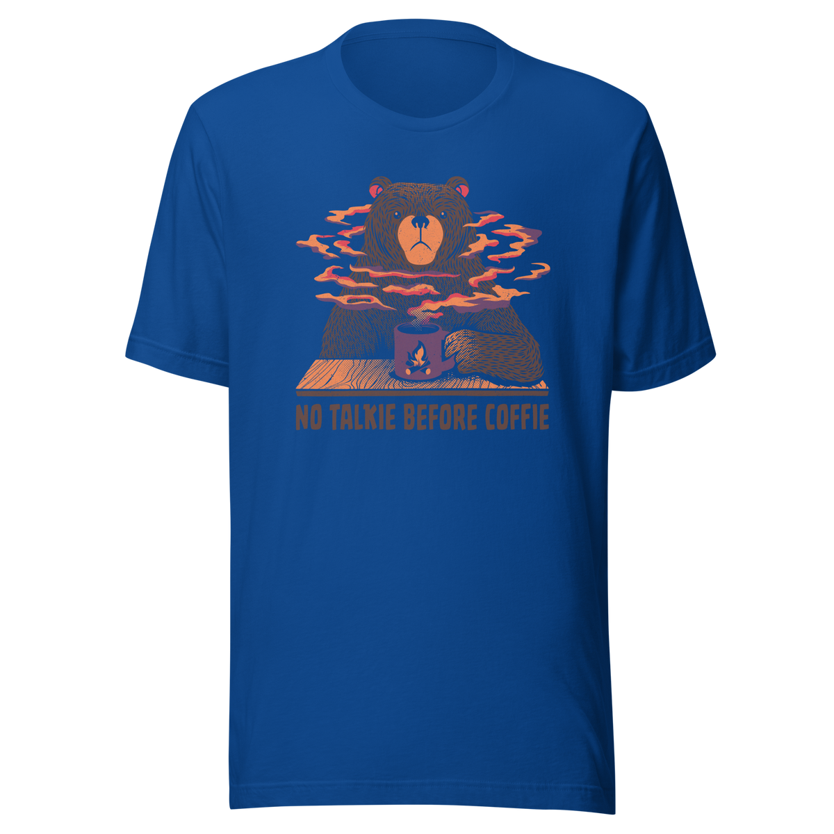 A large brown bear holding a purple coffee cup with a campfire design, with steam rising as if the coffee were piping hot. Below it appears the phrase ‘No Talkie Before Coffie’. A fun design for coffee lovers and anyone who isn’t ready to talk before their first cup.