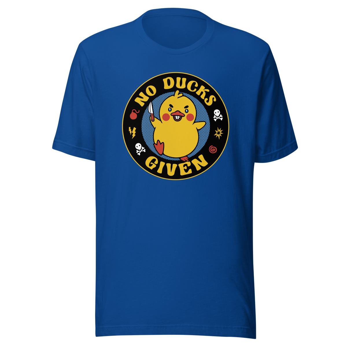 A cute yellow duck holding a small knife, around it the text "No Ducks Given". An art that mixes humor with the temperament of ducks.