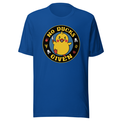 A cute yellow duck holding a small knife, around it the text "No Ducks Given". An art that mixes humor with the temperament of ducks.