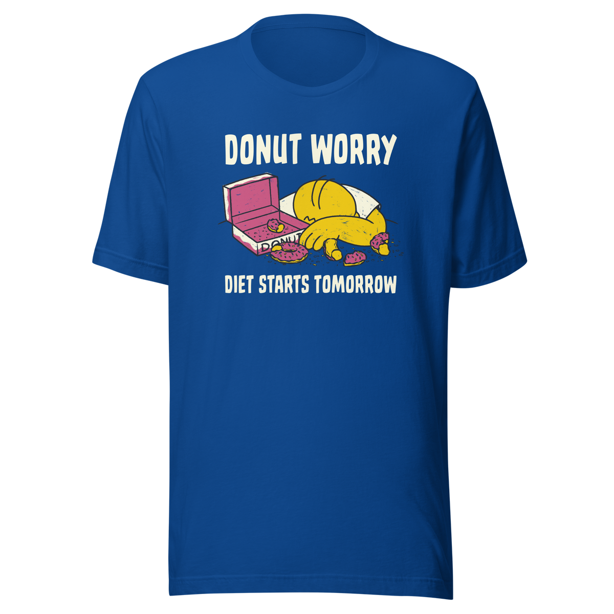 A playful design featuring a sleepy yellow cartoon character next to an open box of donuts, surrounded by crumbs and icing, with the phrase “Donut Worry Diet Starts Tomorrow”. Sweet, relatable and full of humor, it’s the perfect gift for donut lovers and anyone who believes diets can always start tomorrow.