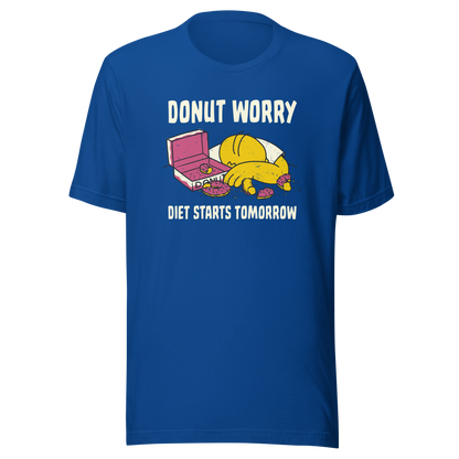 A playful design featuring a sleepy yellow cartoon character next to an open box of donuts, surrounded by crumbs and icing, with the phrase “Donut Worry Diet Starts Tomorrow”. Sweet, relatable and full of humor, it’s the perfect gift for donut lovers and anyone who believes diets can always start tomorrow.